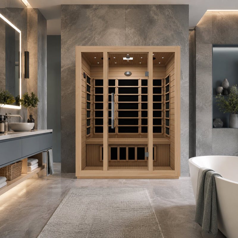 SteamSpa SC-SS0008-3P infrared sauna in a spa bathroom with a stone floor