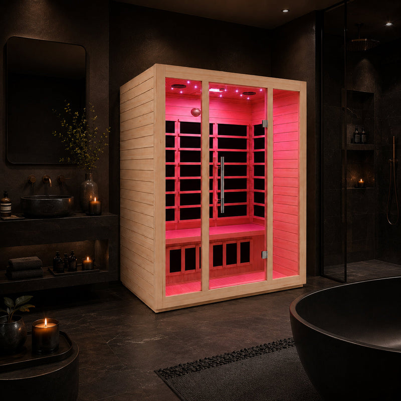 SteamSpa SC-SS0008-3P infrared sauna with red interior light in a dark bathroom