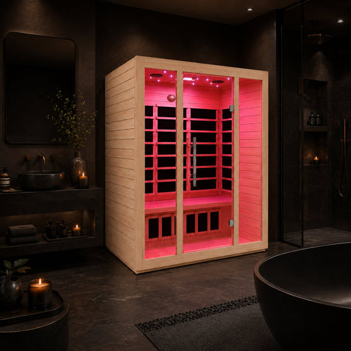 SteamSpa SC-SS0008-3P infrared sauna with red interior light in a dark bathroom