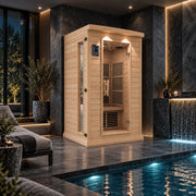 SteamSpa SC-SS0009-0S infrared sauna beside an indoor pool
