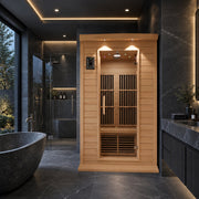 SteamSpa SC-SS0009-0S infrared sauna in a dark stone bathroom