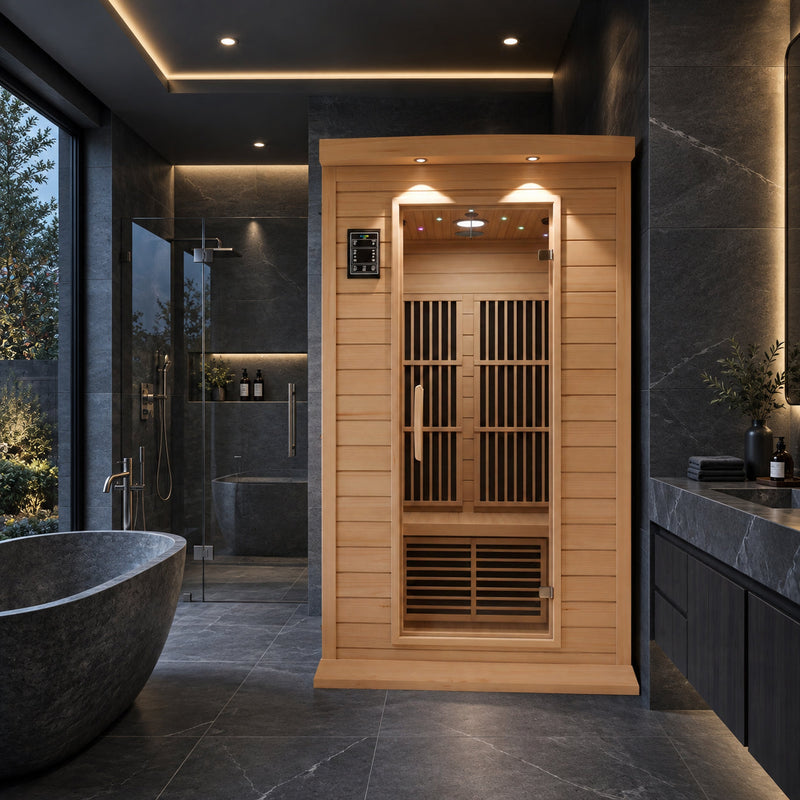 SteamSpa SC-SS0009-0S infrared sauna in a dark stone bathroom
