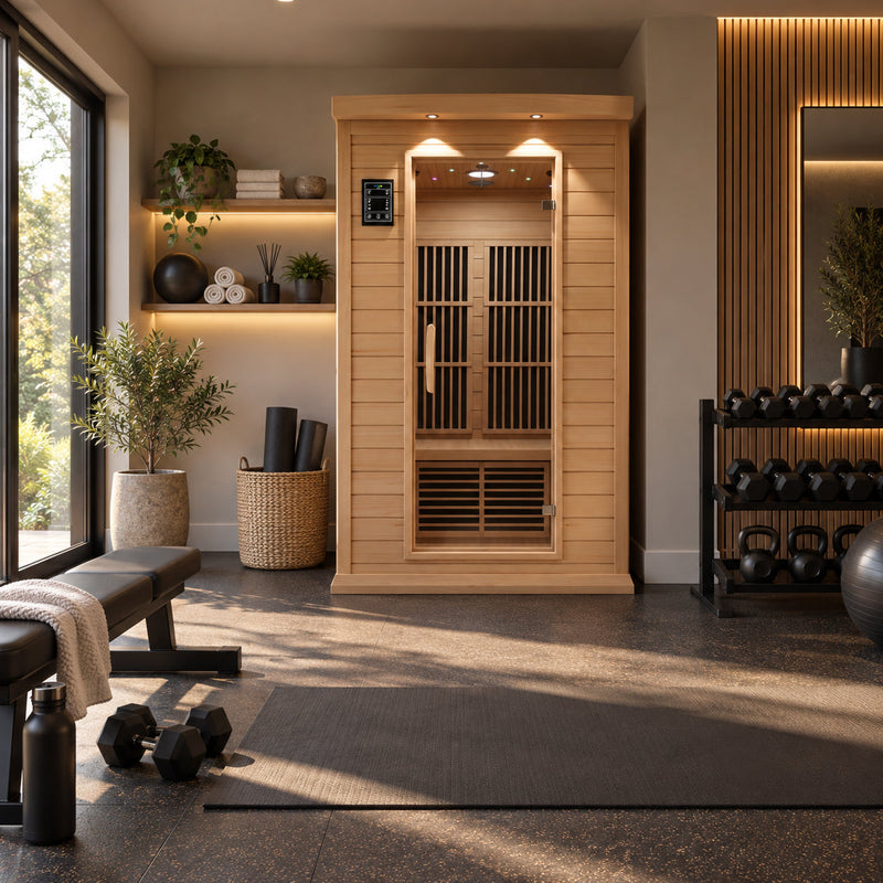 SteamSpa SC-SS0009-0S infrared sauna in a home gym corner