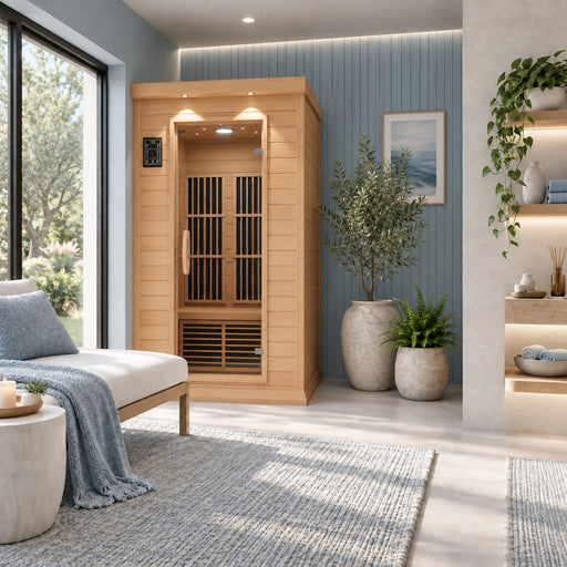 SteamSpa SC-SS0009-0S infrared sauna in a living space with a blue wall