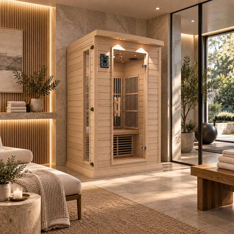 SteamSpa SC-SS0009-0S infrared sauna in a wood-paneled room
