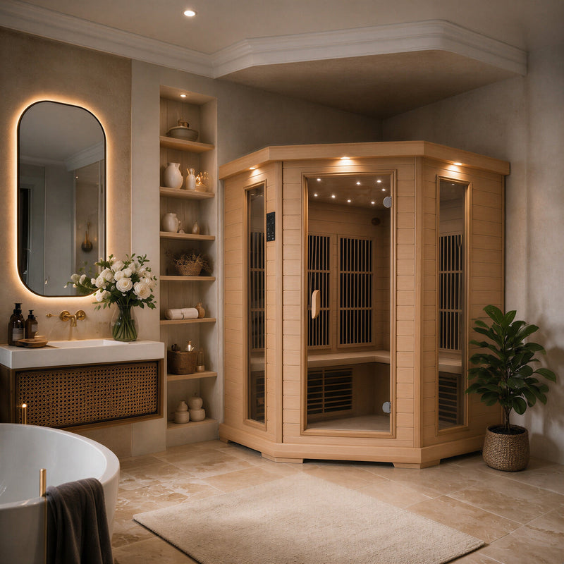 SteamSpa SC-SS0010-0S infrared sauna in a bathroom corner beside shelves