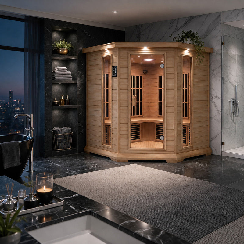 SteamSpa SC-SS0010-0S infrared sauna in a dark bathroom with city view