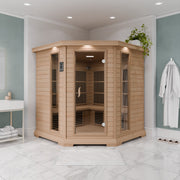 SteamSpa SC-SS0010-0S infrared sauna in a marble bathroom corner
