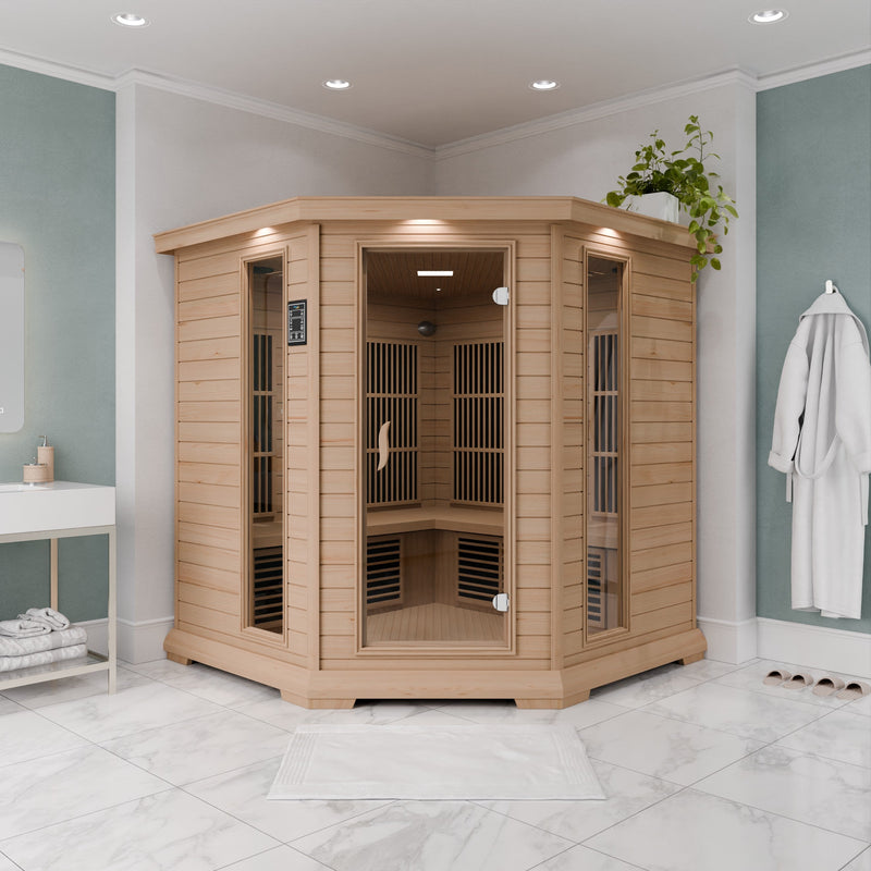 SteamSpa SC-SS0010-0S infrared sauna in a marble bathroom corner