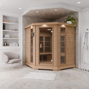 SteamSpa SC-SS0010-0S infrared sauna in the corner of a white room