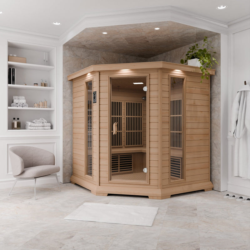 SteamSpa SC-SS0010-0S infrared sauna in the corner of a white room