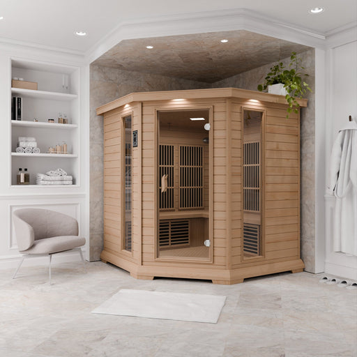 SteamSpa SC-SS0010-0S infrared sauna in the corner of a white room
