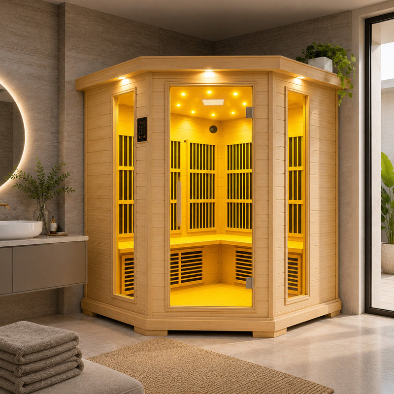 SteamSpa SC-SS0010-0S infrared sauna with interior lights on in a bathroom