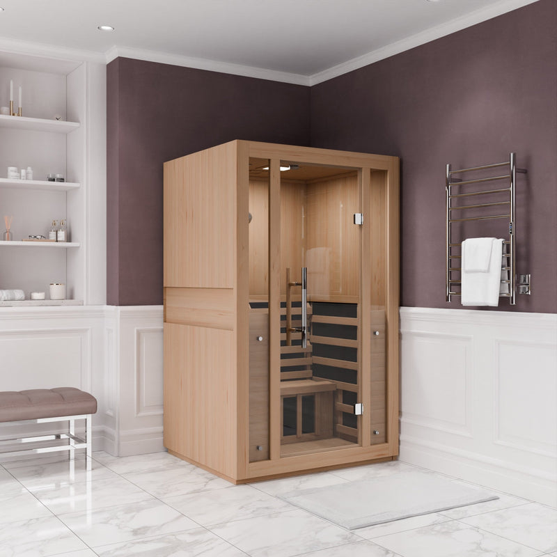SteamSpa SC-SS0011-0S infrared sauna in a white bathroom