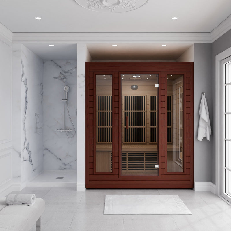 SteamSpa SC-SS0012-0S infrared sauna in a marble bathroom
