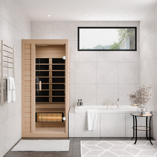 SteamSpa SC-SS0013-GS infrared sauna in a white bathroom beside the tub