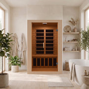 SteamSpa SC-SS0014-GS infrared sauna in a bright bathroom with plants