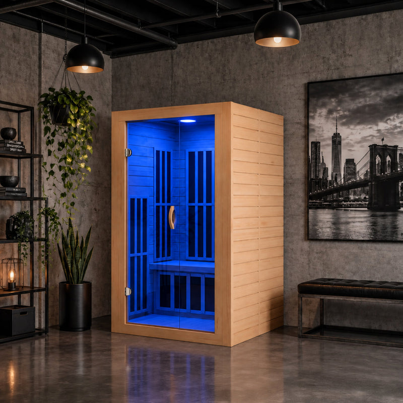 SteamSpa SC-SS0014-GS infrared sauna with blue interior light in a loft