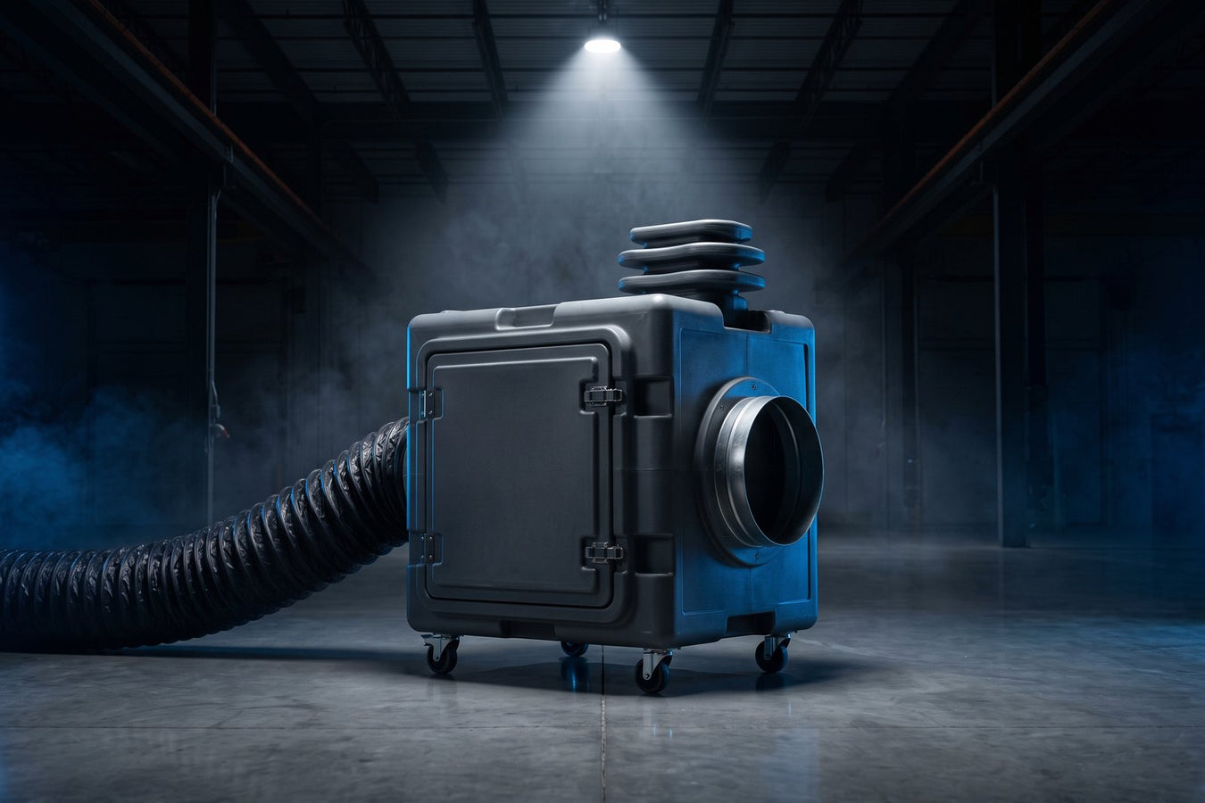 HEPA air scrubber with flexible ducting in a dark workshop