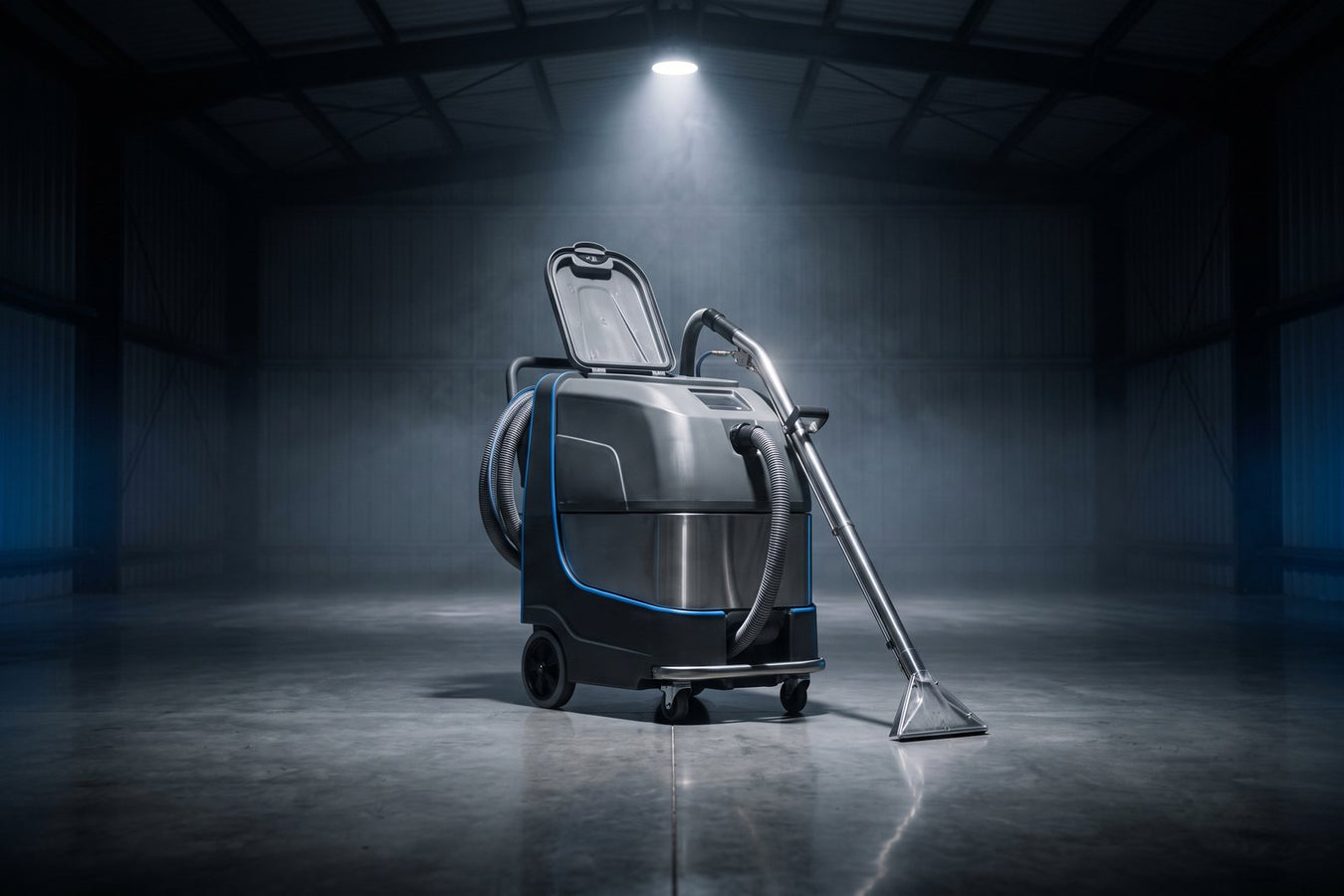 Self-contained carpet extractor with wand, lit in a dark workshop