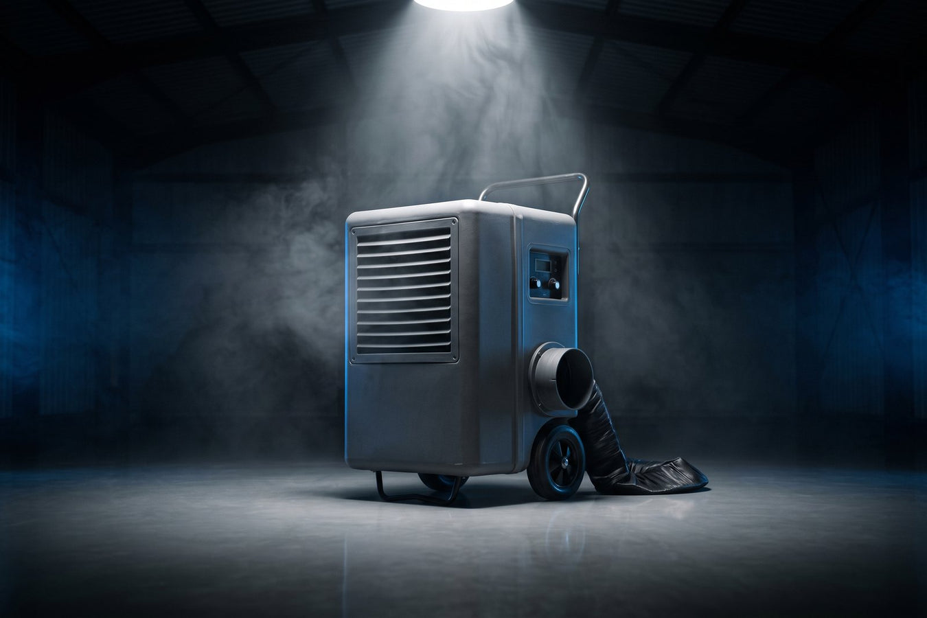 Industrial refrigerant dehumidifier on wheels in a dark workshop