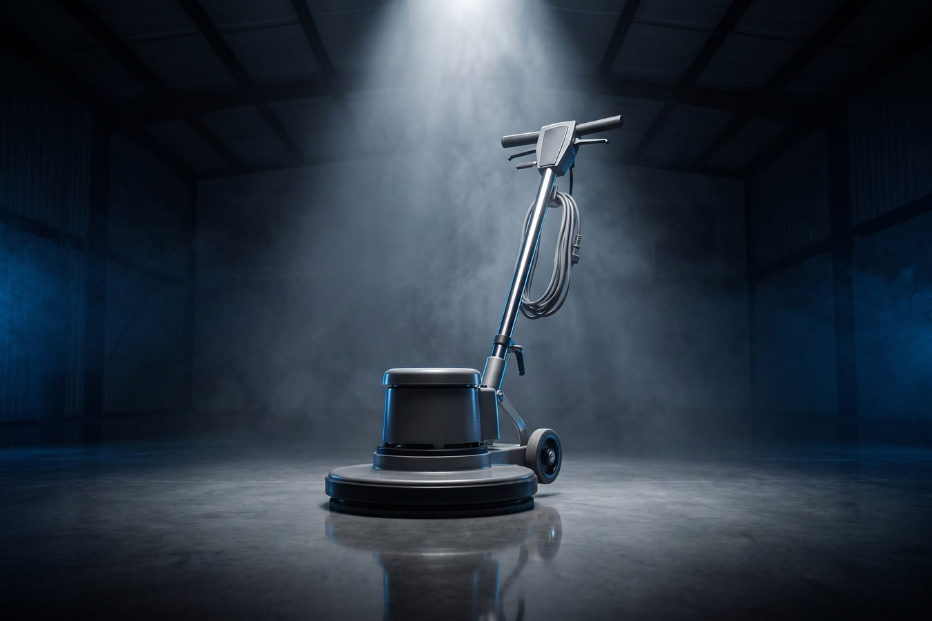 Low-speed rotary floor machine with chrome handle in a dark workshop
