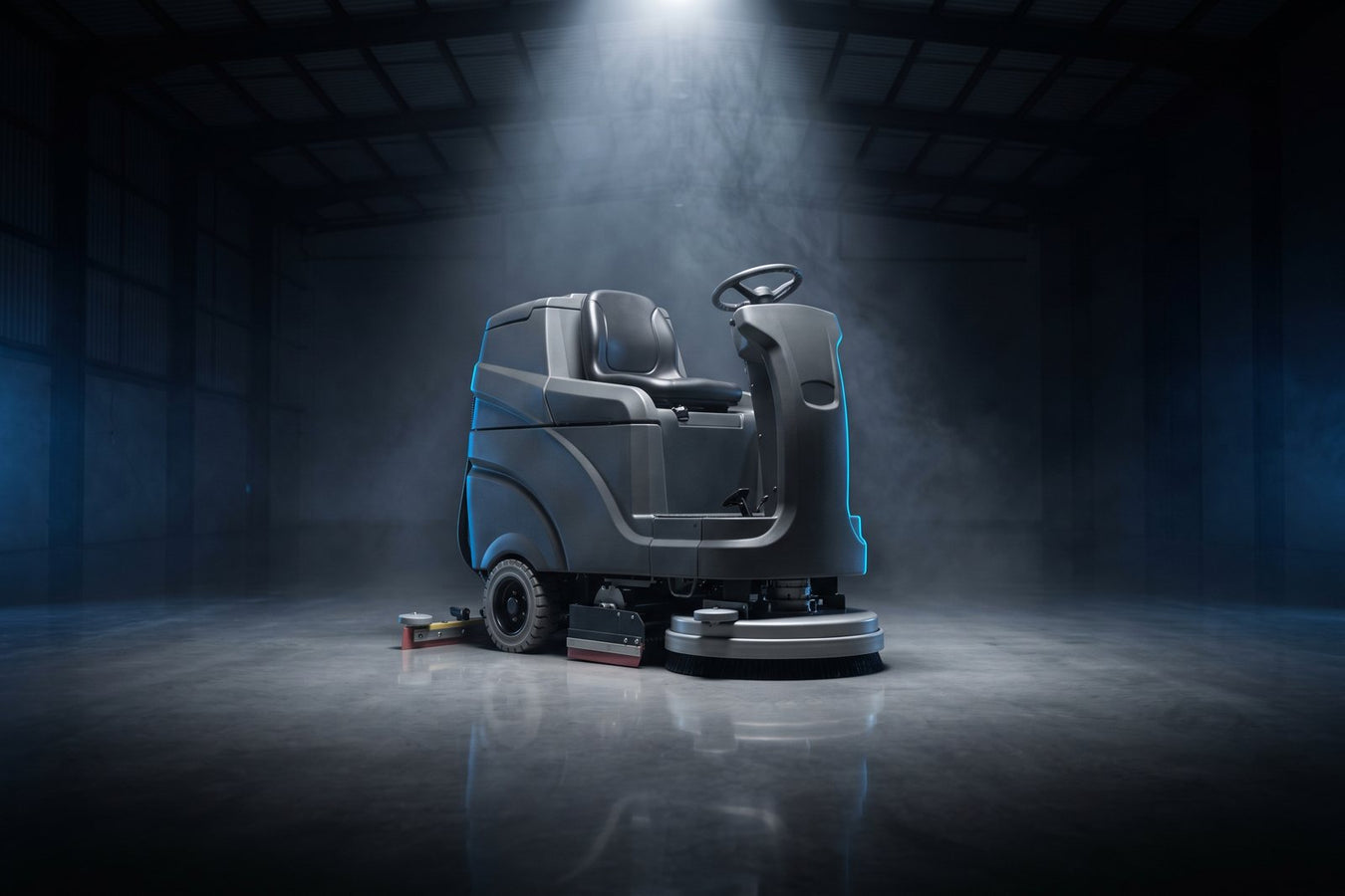 Ride-on floor scrubber under a cone of light in a dark warehouse