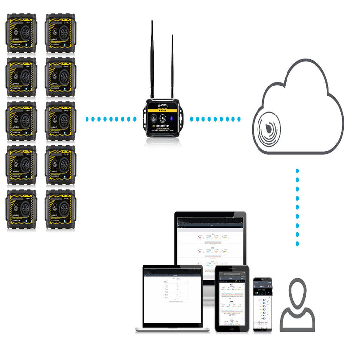 Tramex TREMS-5 Remote Environmental Monitoring System - An illustrative graphic depicting the components of the TREMS kit, including a monitoring station, cloud connectivity, and user interface screenshots, showcasing its functionality in remote environmental monitoring.
