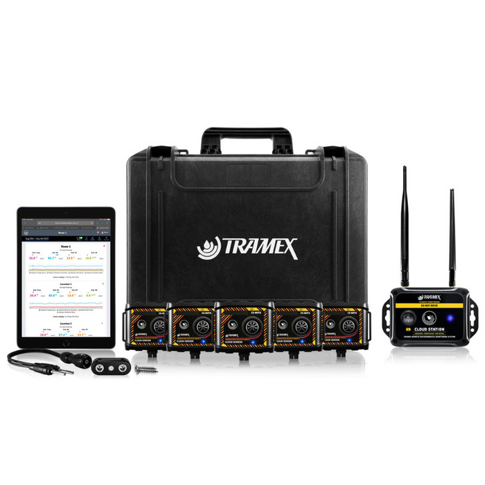 Tramex TREMS-WME-MC - Remote Environmental Monitoring System WME/MC. An image showing the Tramex TREMS remote environmental monitoring system, featuring a sleek design with various sensors and a display, set against a white background.