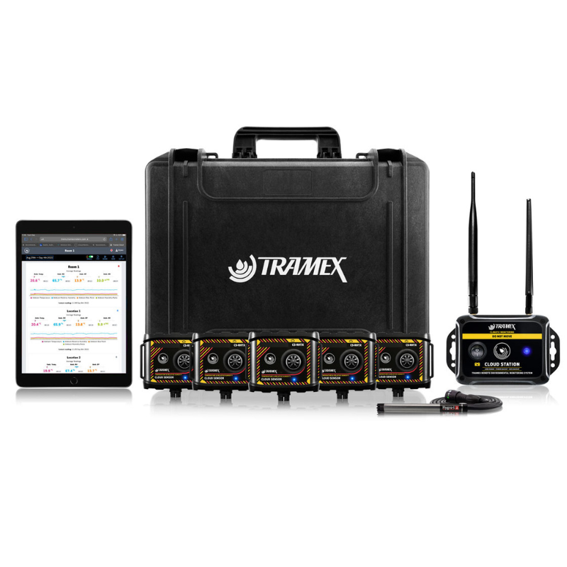 Tramex TREMS-Xtra - Remote Environmental Monitoring System Xtra: An image showing the Tramex TREMS-Xtra, a compact device designed for remote environmental monitoring, featuring a sleek white design with various connectivity options and a clear display. The device is presented against a white background.