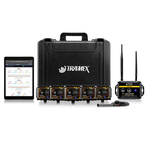Tramex TREMS-Xtra - Remote Environmental Monitoring System Xtra: An image showing the Tramex TREMS-Xtra, a compact device designed for remote environmental monitoring, featuring a sleek white design with various connectivity options and a clear display. The device is presented against a white background.