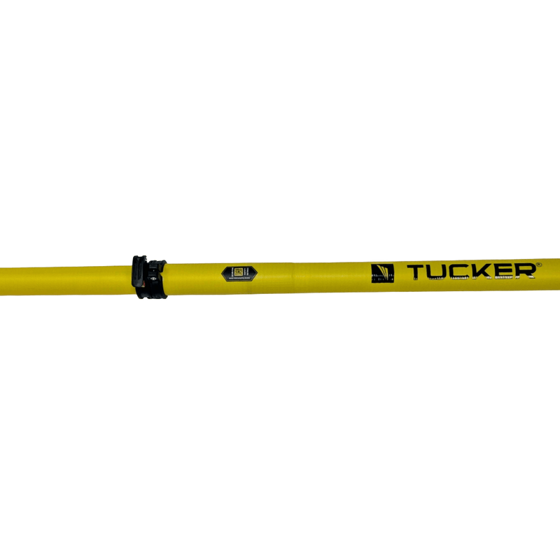 Tucker fiberglass extension section close-up with TUCKER decal and black clamp