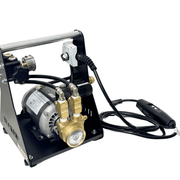 Tucker 110V booster pump system at an angle with motor, brass pump head and carry frame