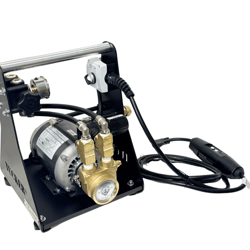 Tucker 110V booster pump system at an angle with motor, brass pump head and carry frame