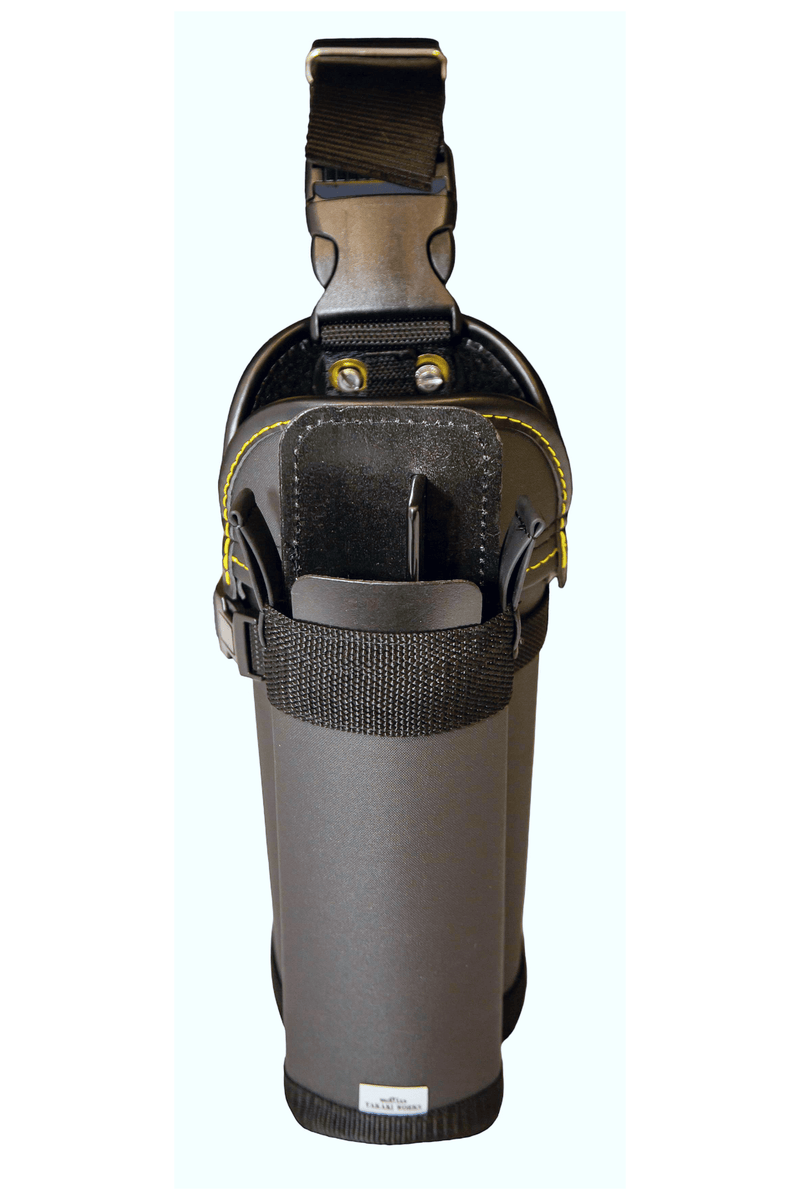 Tucker BOAB by Takaki Works black double holster with yellow stitching and belt clip