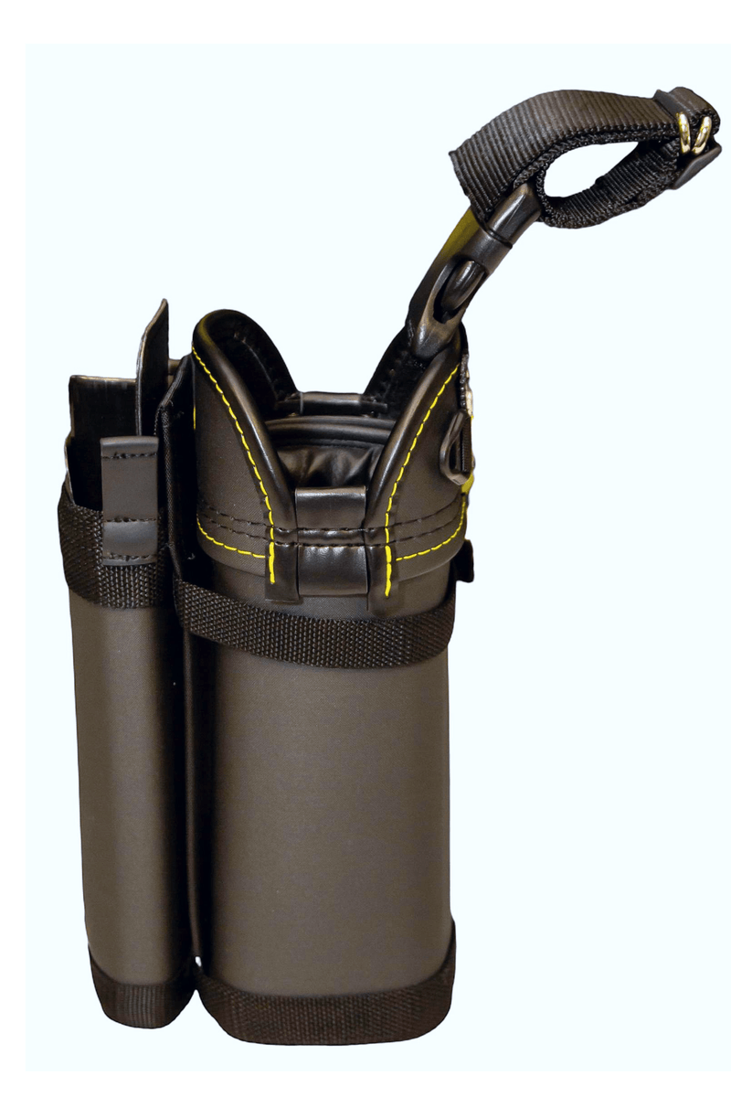 Tucker BOAB by Takaki Works black double holster with yellow stitching and belt clip