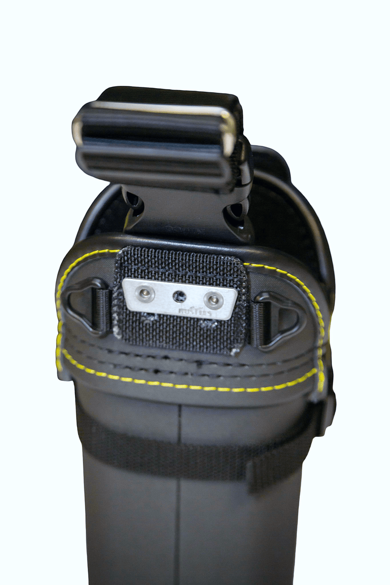 Tucker BOAB by Takaki Works black double holster with yellow stitching and belt clip