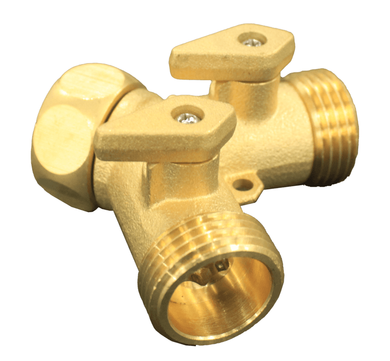 Tucker brass garden hose splitter with two shut off levers