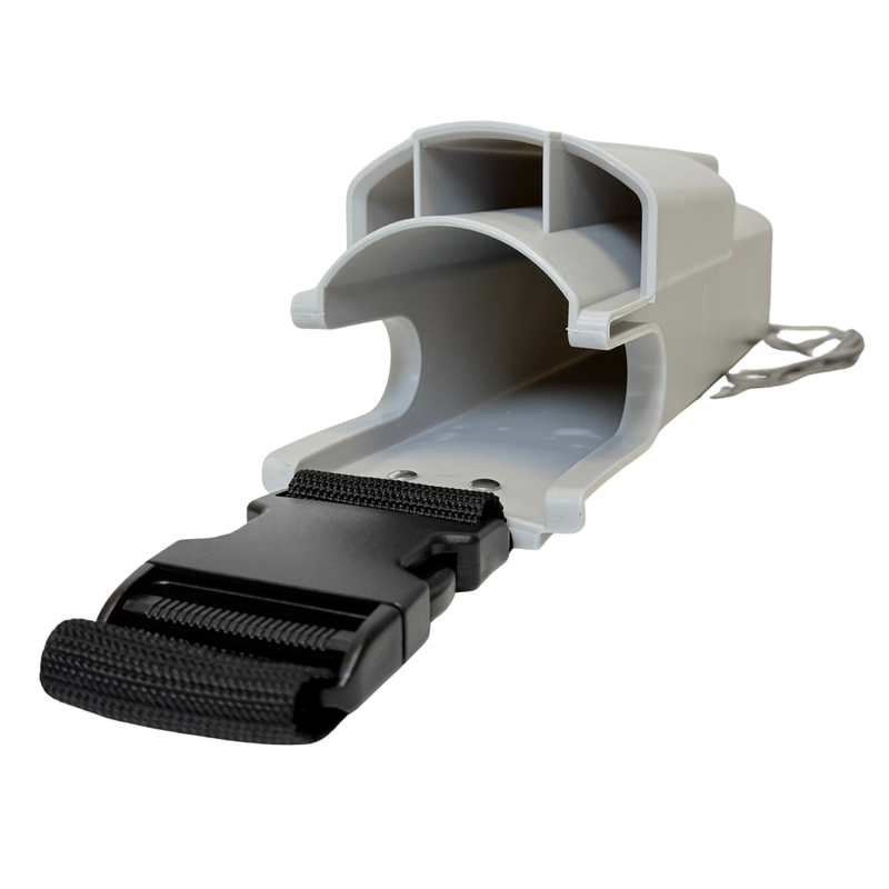 Tucker Bucket on a Belt gray holster, top view of compartments and belt buckle