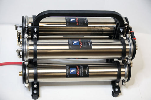 Tucker Compact 4-stage RO/DI system with stacked stainless housings and carry handle