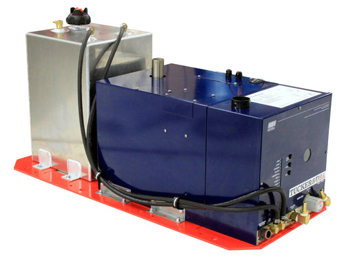 Tucker water fed heater with blue burner housing and aluminum fuel tank on a red base