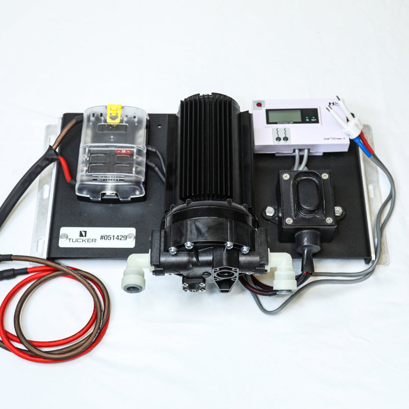 Tucker 12V RO booster panel at an angle with pump, fuse block, TDS meter and switch