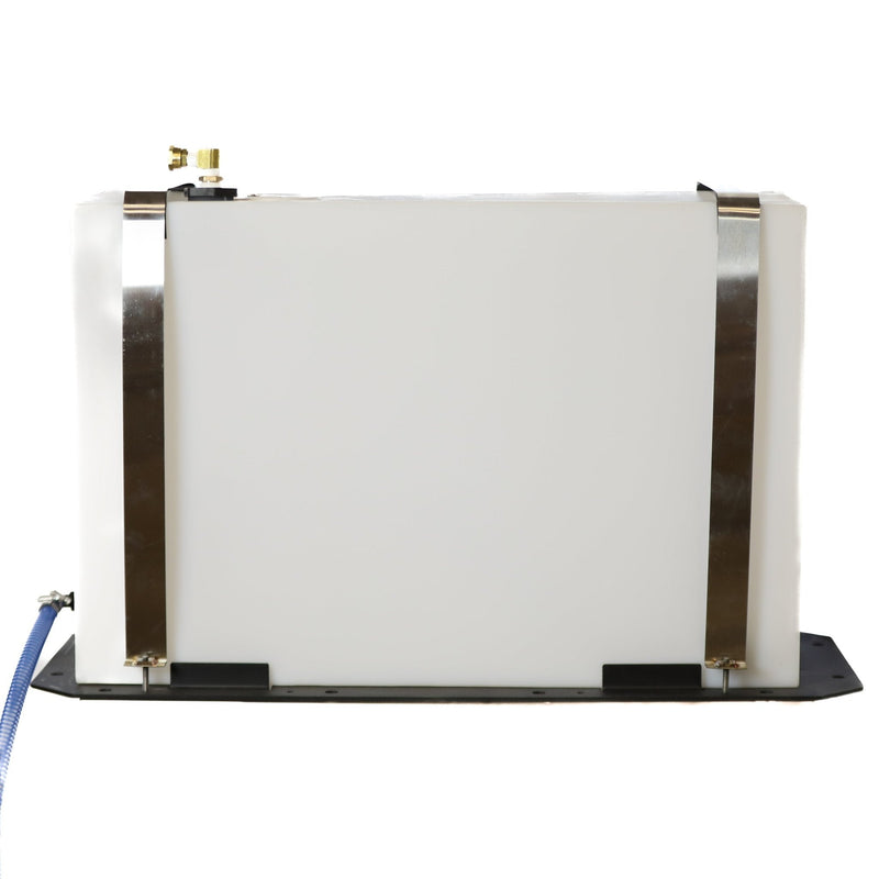 Tucker auxiliary 50 gallon water tank with steel straps on a black mounting base