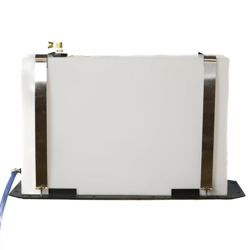 Tucker auxiliary 50 gallon water tank with steel straps on a black mounting base
