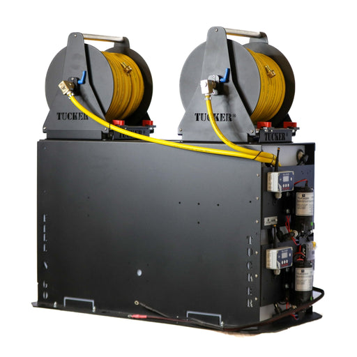 Tucker Fill N Go dual user delivery unit with two hose reels on top of the black tank housing