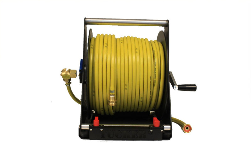 Tucker hand carry hose reel with yellow hose seated on reel base