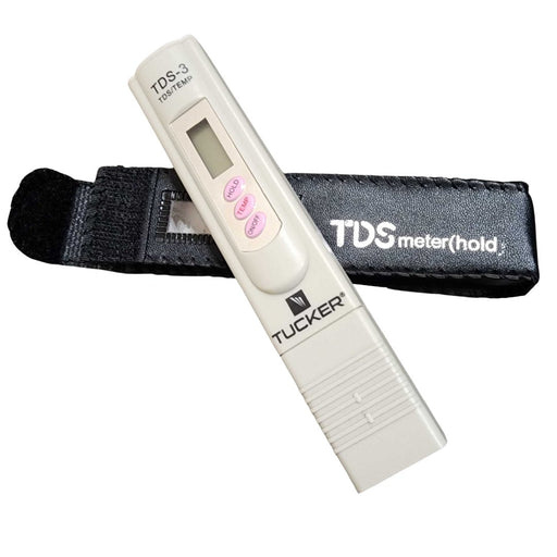 Tucker TDS-3 handheld TDS and temperature meter with black carry pouch