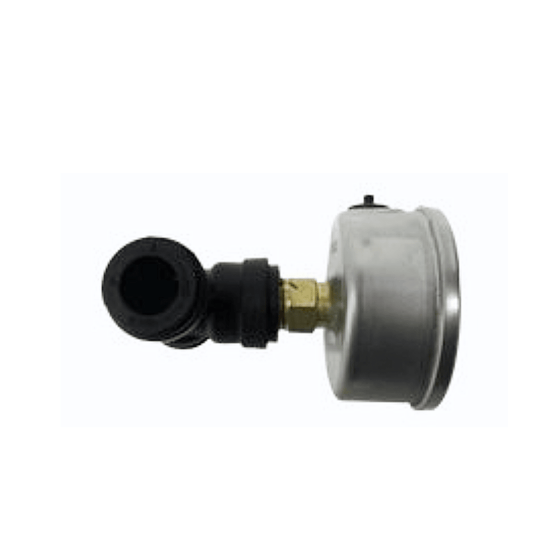 Tucker inline pressure gauge, side view of tee fitting