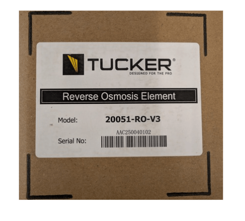 Tucker reverse osmosis element box label, model 20051-RO-V3