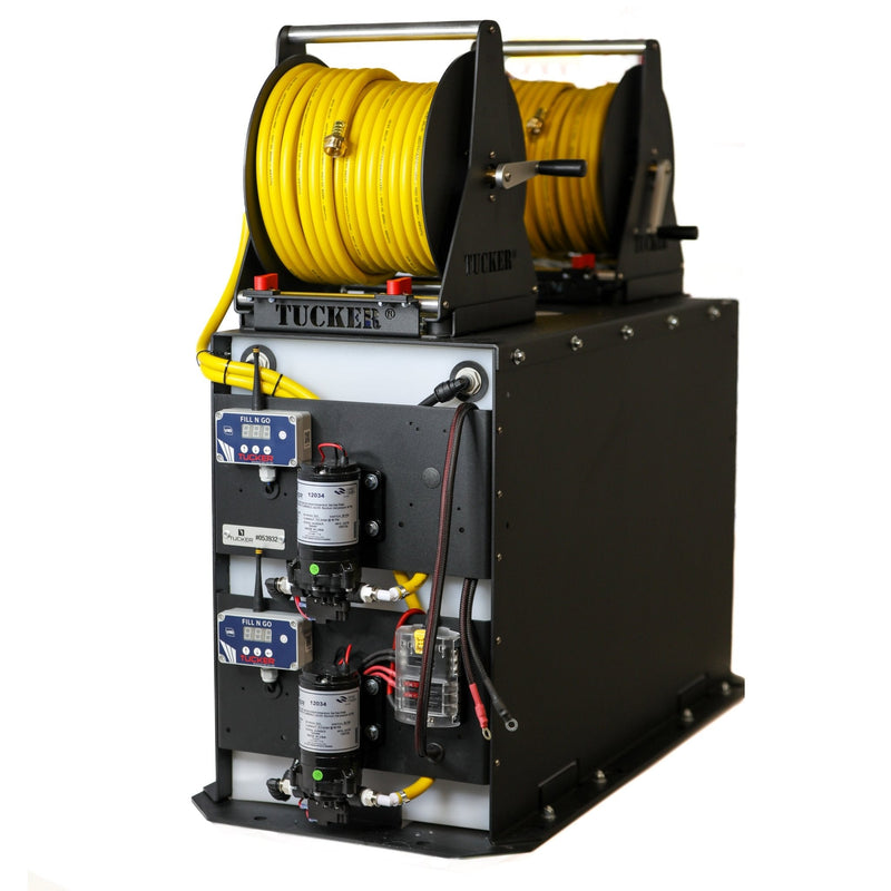 Tucker Fill N Go dual user delivery unit with yellow hose reel, two pumps and controllers